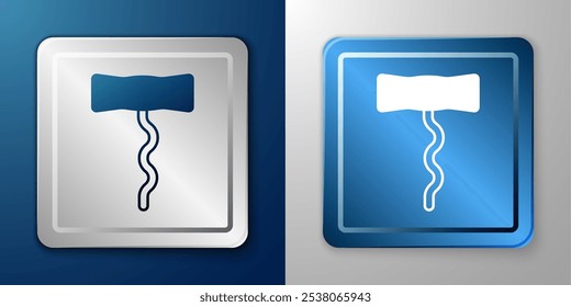 White Wine corkscrew icon isolated on blue and grey background. Silver and blue square button. Vector