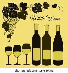 White wine flat-style set: wineglasses, bottles, vine