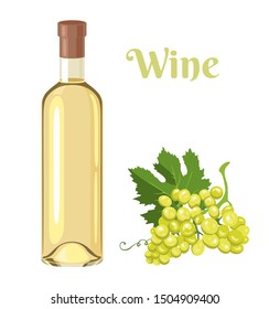 White wine in glass bottle and bunch of grapes isolated on white background. Vector illustration of alcoholic drink ripe berries in cartoon simple flat style.