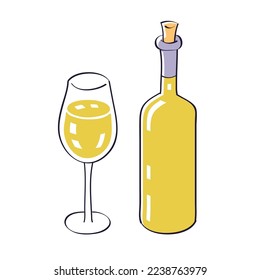 White wine glass and wine bottle isolated vector illustration