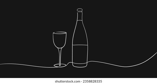 White wine with glass continuous line art drawing on black background. Minimal design. Vector illustration