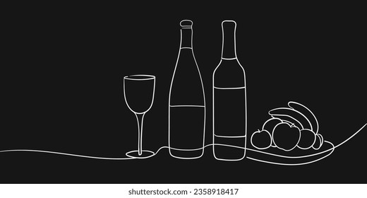 White wine with glass and fruits continuous line art drawing on black background. Minimal design. Vector illustration