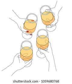 White wine glasses. Clinking glasses. Vector Illustration from people celebrating and drinking white wine. Friends having a toast. Toasting glasses outline.