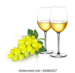 Gafas de vino blanco y uvas. Vector