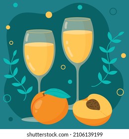 White wine glasses with peaches and leaves. Vector image on a blue background.