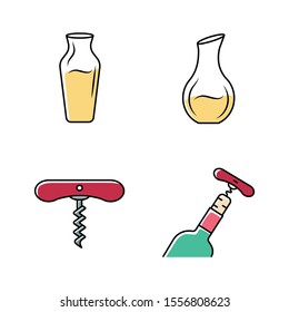 White wine icons set. Different types of decanters. Corkscrew, bottle opening tools. Barman equipment. Alcohol beverage, aperitif drink. Bar, restaurant tableware. Isolated vector illustrations