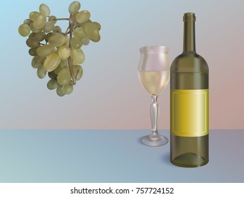 White wine illustration. Vector wine bottle with glass and grapes