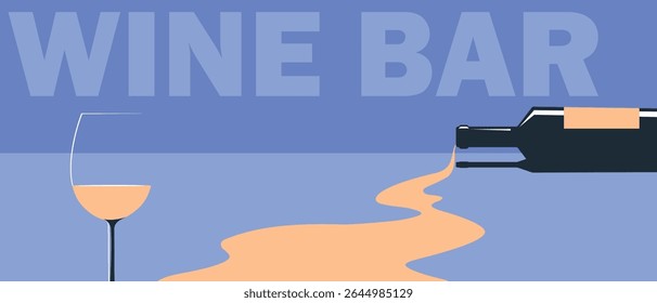 White wine poured out, glass, bottle horizontally, drink party, flat design. Poster for bar, restaurant, wine list, alcohol menu, cabernet, sangria, kitchen design, illustration on the theme of drunke