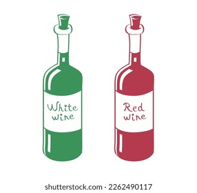 White wine and red wine bottle with label vector icons