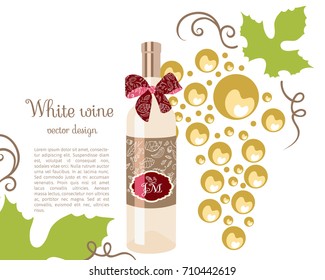 White wine with a red bow, bunch of grapes, bottle wine, celebratory drink, birthday drink,  vector illustration.