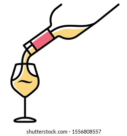 White wine service yellow color icon. Alcohol beverage pouring in glass. Aperitif drink bottle. Barman, sommelier, winery. Bar, restaurant. Party, celebration. Isolated vector illustration