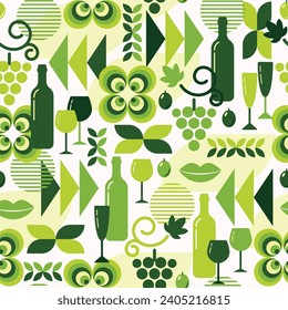 White wine theme background with design elements in simple geometric style. Seamless pattern with abstract shapes. Good for branding, decoration of wine package, cover design, decorative print