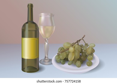 White wine vector background. Wine bottle with glass and plate full of grapes
