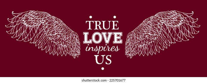 white wing drawn with the text in the shape of a heart on purple background