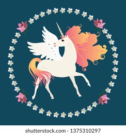 White winged unicorn with mane in shape of autumn leaves in floral round frame on dark green background. Print for T shirt, card.