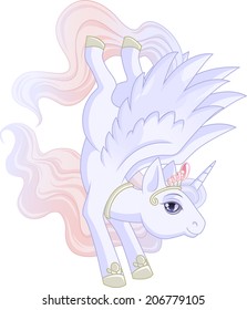 White winged unicorn with pink mane is jumping