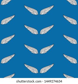 White wings on blue background seamless pattern 