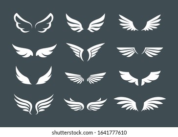 White wings. Set of open wings for badges and signs. Vector illustrations
