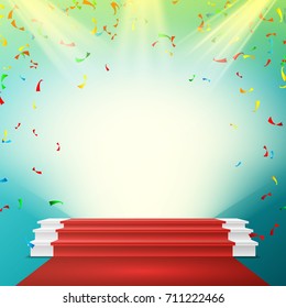 White Winner Podium Vector. Red Carpet, Falling Confetti Explosion. Stage For Awards Ceremony. Pedestal. Spotlight. Award Illustration
