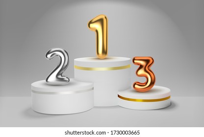 White winners podium 3D render. Number in the form of golden balloons. Awarding of winners of sports competitions. Round realistic pedestal. Vector illustration