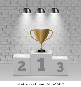 White winners podium and cup light on wall background. Vector Illustration