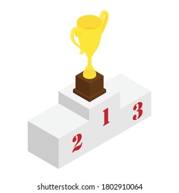 White winners podium and golden champion trophy cup. Pedestal. Isometric view. Winning concept. Vector illustration