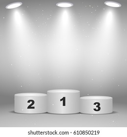 White winners podium. Pedestal Illuminated by Spotlight. Vector illustration.
