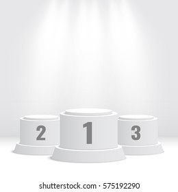 White winners podium. Pedestal. Spotlight. Vector illustration.