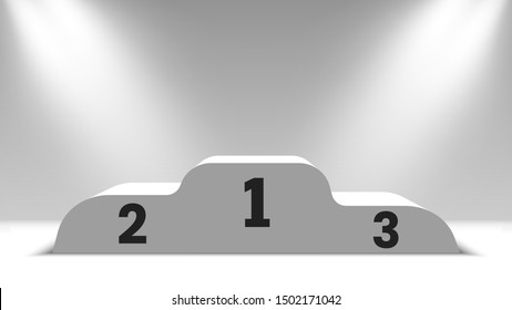 White winners podium. Pedestal with spotlights. Vector illustration.