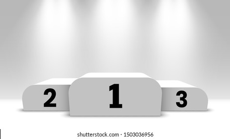 White winners podium. Pedestal. Spotlights. Vector illustration.