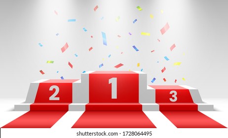 White winners podium with red carpet and confetti. Stage for awards ceremony. Pedestal with spotlights. Vector illustration. - Shutterstock ID 1728064495