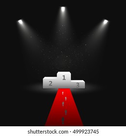 White winners podium with red carpet and confetti. Stage for awards ceremony. Pedestal. Spotlight. 3D. Vector illustration.