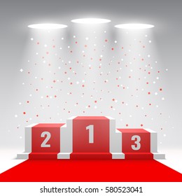 White winners podium with red carpet and confetti. Stage for awards ceremony. Pedestal. Spotlight. Vector illustration.