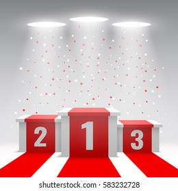 White winners podium with red carpet and confetti. Stage for awards ceremony. Pedestal. Spotlight. Vector illustration.