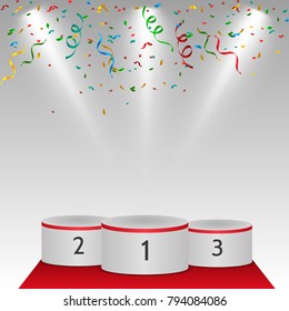White winners podium with red carpet and confetti. Stage for awards ceremony. Pedestal. Spotlight. Vector illustration