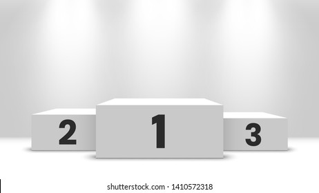 White winners podium with spotlights. Pedestal. Vector illustration. - Shutterstock ID 1410572318