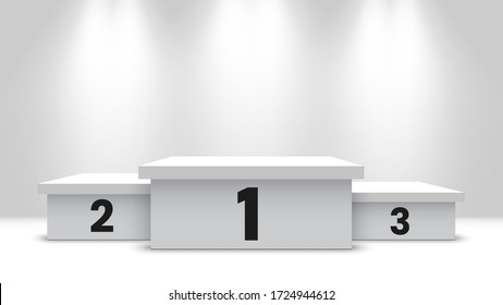 White Winners Podium With Spotlights. Pedestal. Vector Illustration. 