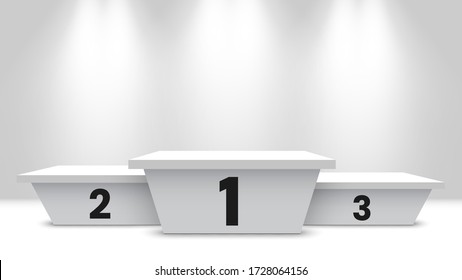 White winners podium with spotlights. Pedestal. Vector illustration.