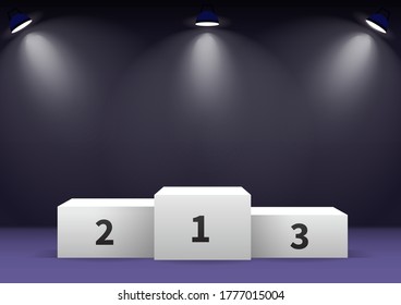 Weiße Gewinner haben ein Podium mit Scheinwerfern. Vektorgrafik.