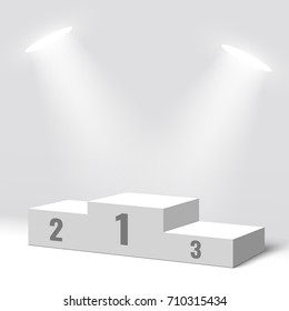 White winners podium and two spotlights. Pedestal. Vector illustration.