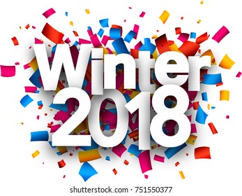 White winter 2018 background with colorful paper confetti. Vector illustration.