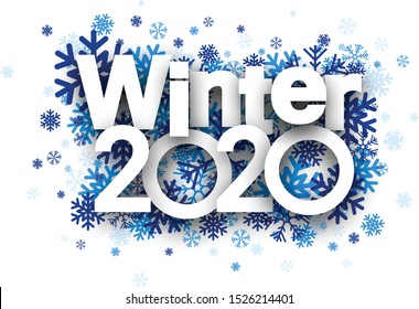 White winter 2020 background with blue beautiful snowflakes. Vector illustration.