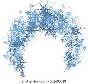 White winter background with arc of blue snowflakes. Vector illustration.