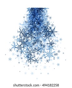 Fondo blanco de invierno con copos de nieve azules. Ilustración vectorial.