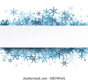 Weißer Winterhintergrund mit blauen Schneeflocken. Vektorgrafik.