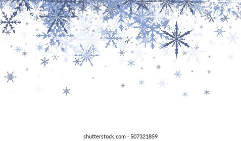 Fondo blanco de invierno con copos de nieve azules. Ilustración vectorial.