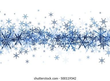 White winter background with strip of blue snowflakes. Vector illustration.