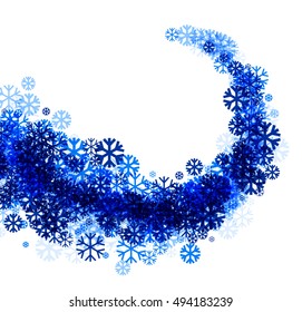 White winter background with vortex of blue snowflakes. Vector illustration.