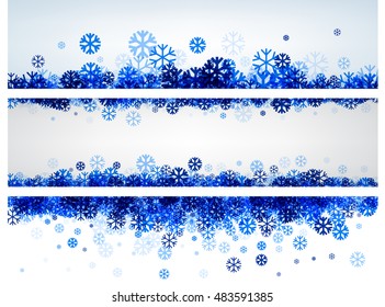 Pancartas blancas de invierno con copos de nieve azules. Ilustración vectorial.