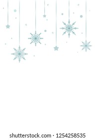 White winter Christmas vertical background with blue border of snowflakes, stars, toys and ribbons. New Year backdrop. Vector poster for card, invitation, wallpaper.
